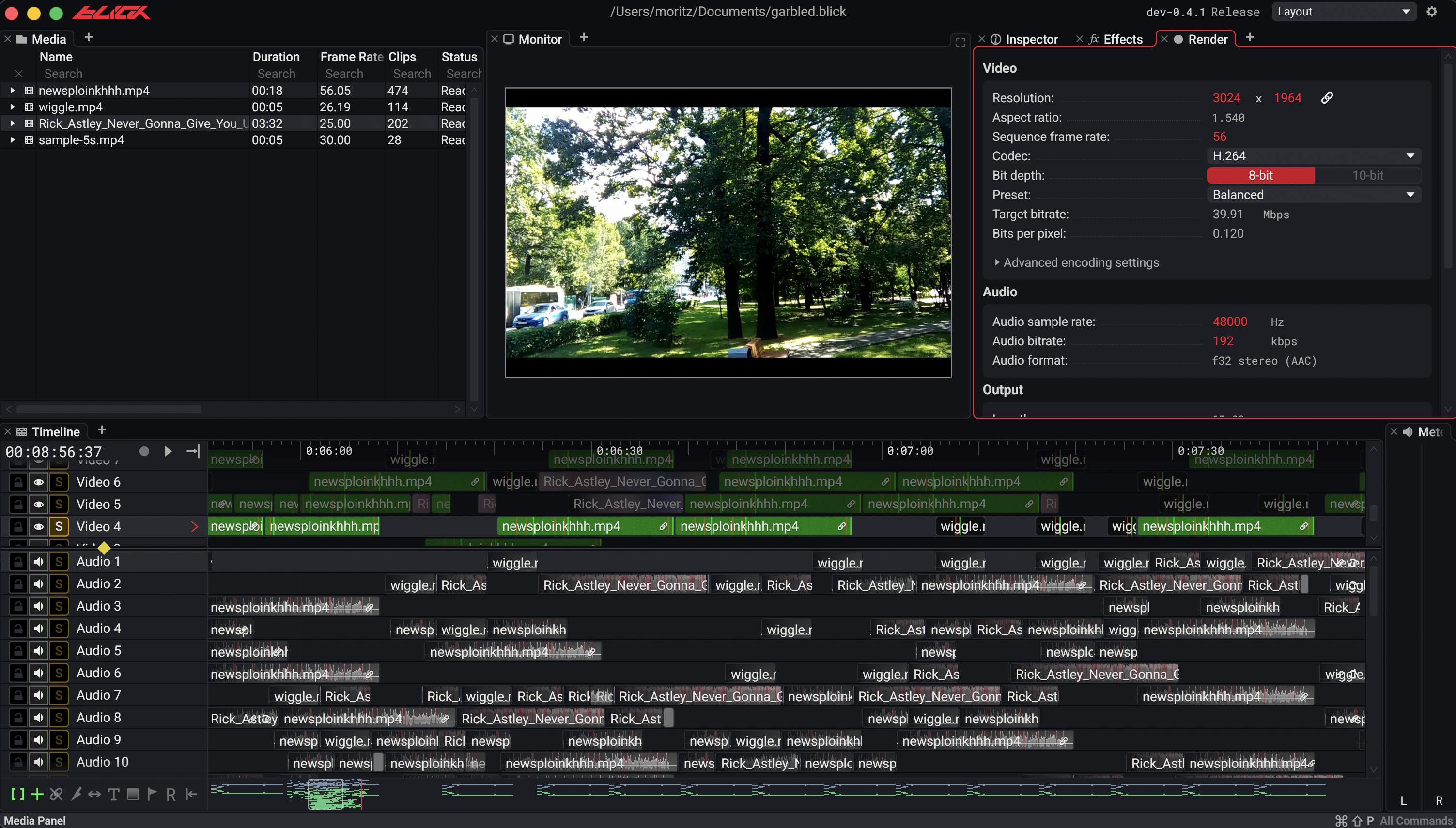 Blick video editor showing a media browser, video preview, render settings, and a multitrack editing timeline.