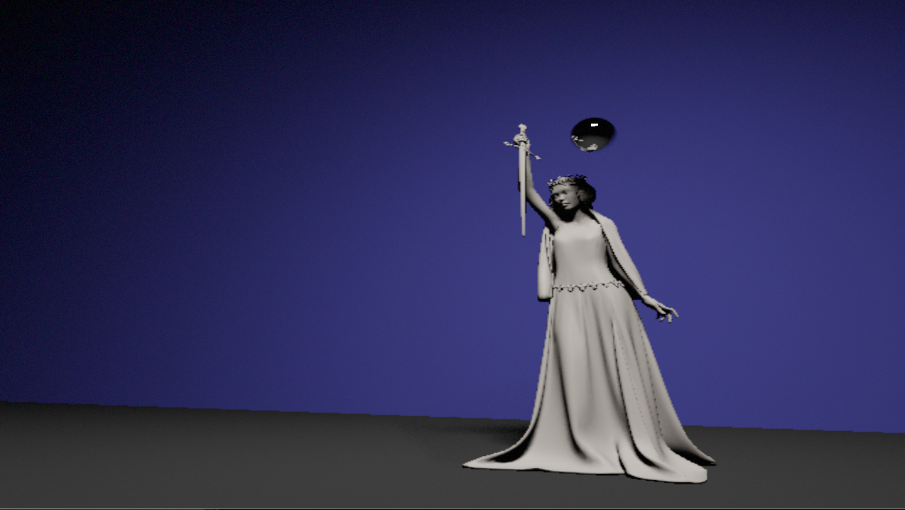 MiniRay render of a statue holding a sword and shield, with a reflective sphere overhead.